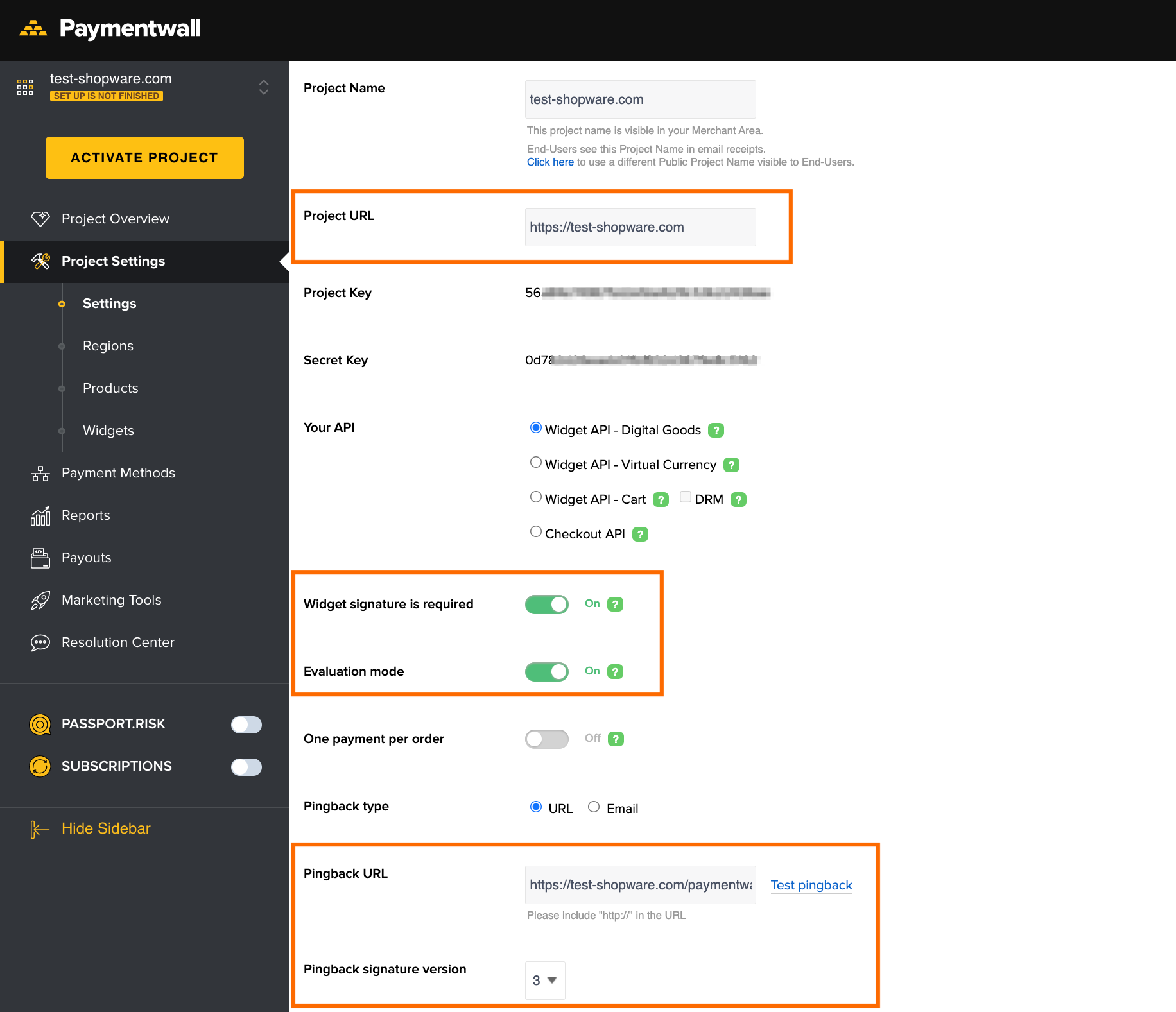 Paymentwall project - profile configuration