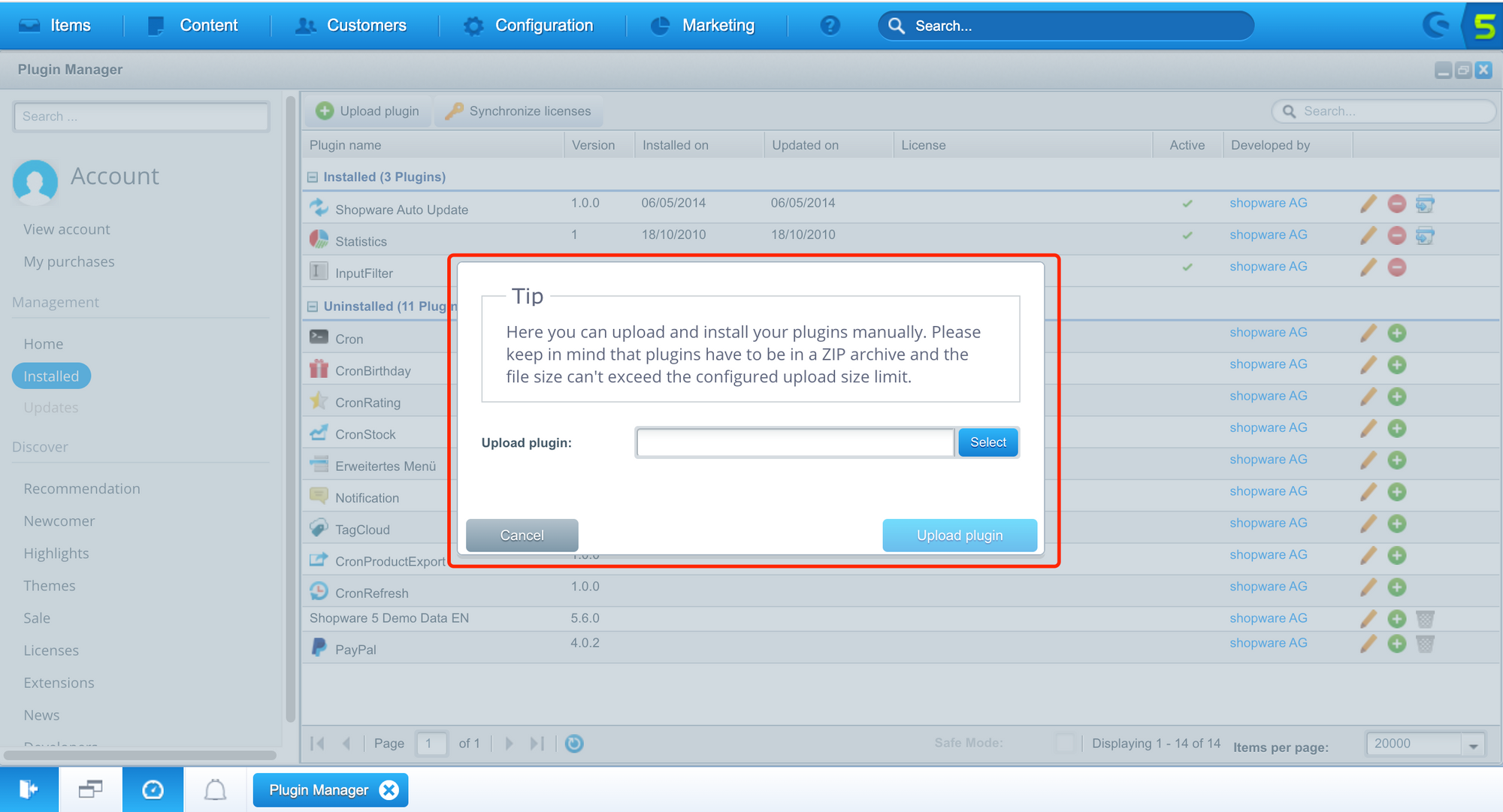 Shopware plugin manager - upload dialog