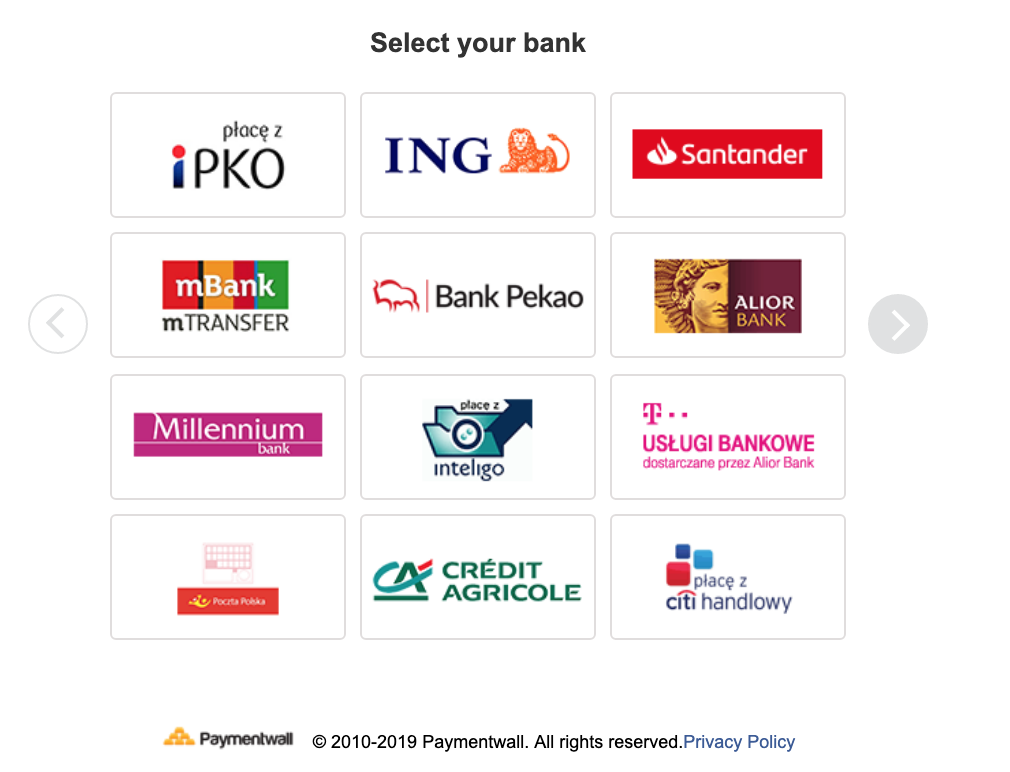 Bank Transfer Poland select screen