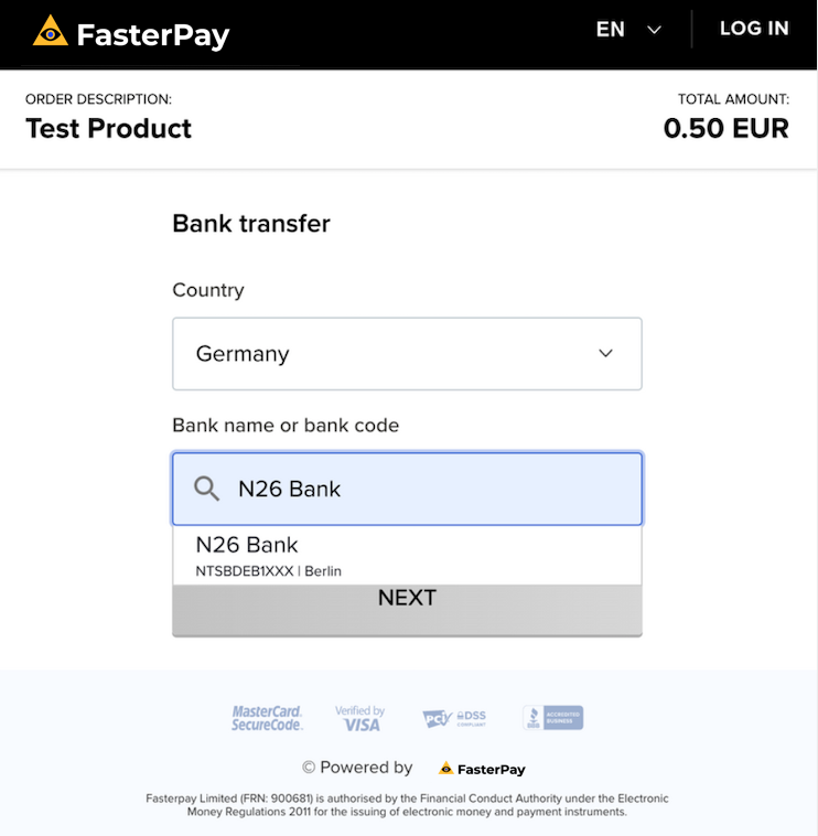 FasterPay Bank Transfer select