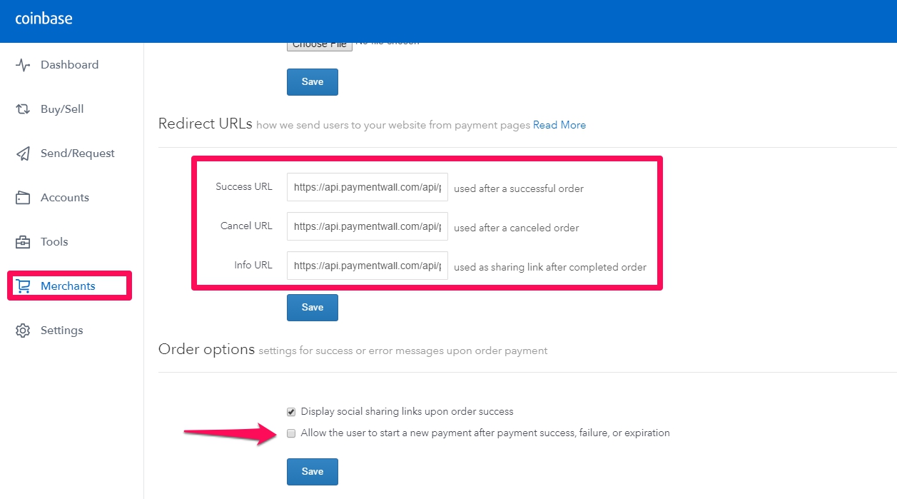 Bitcoin Coinbase merchants API settings