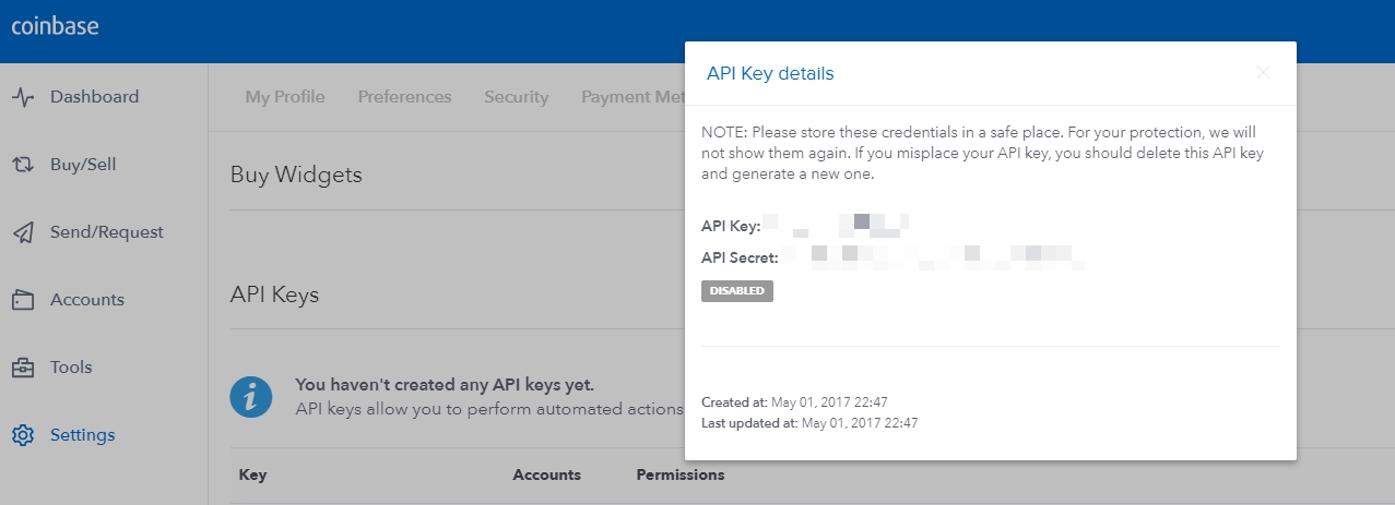 Bitcoin Coinbase settings - API key