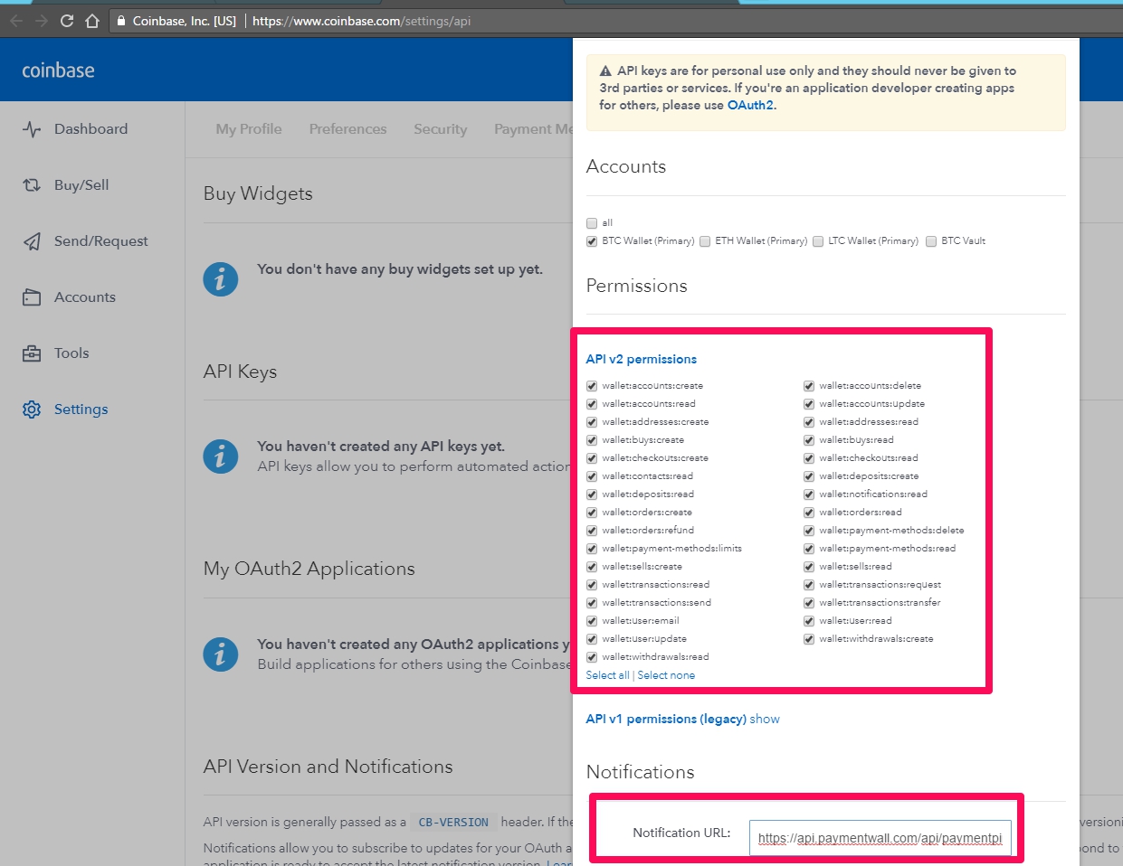 Bitcoin Coinbase settings - API permission