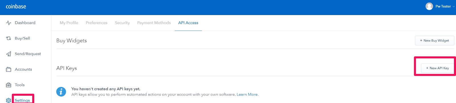 Bitcoin Coinbase settings - generate API key