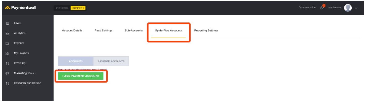 Paymentwall account settings - add SpiderPipe account