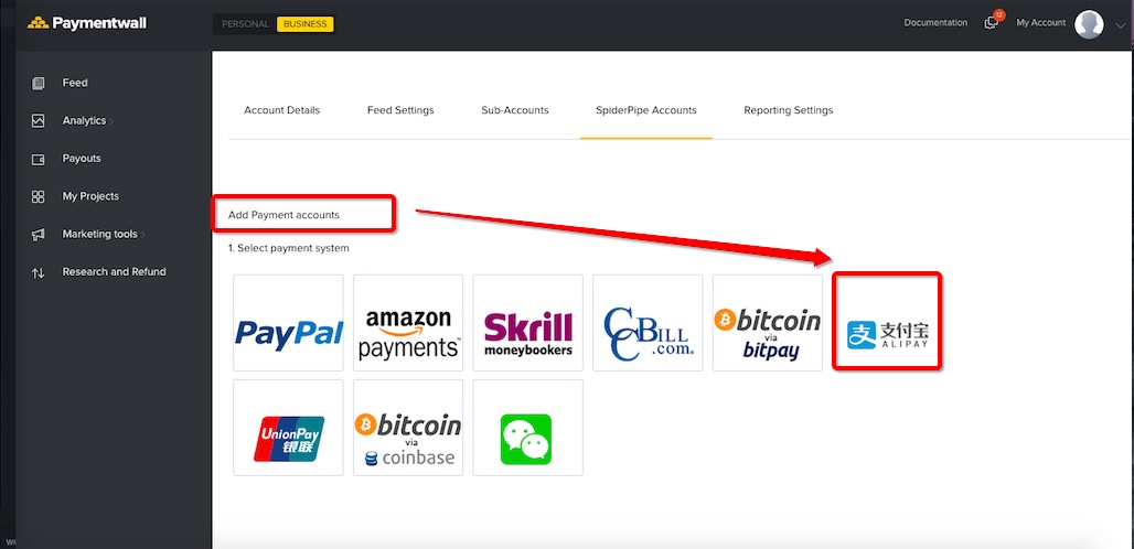 Paymentwall account settings - select Alipay