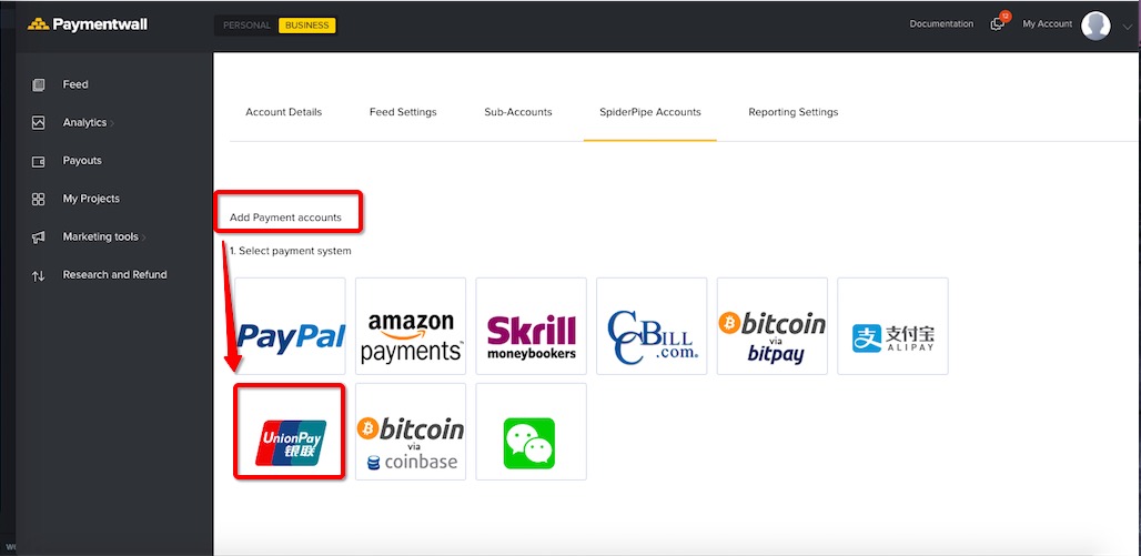 Paymentwall account settings - SpiderPipe select Unionpay